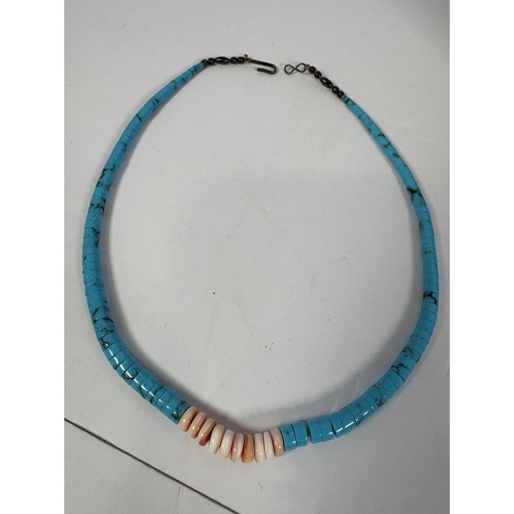 Block Turquoise and Coral Graduated Heishi Necklace, Bracelets And Earrings Set - Picture 12 of 15